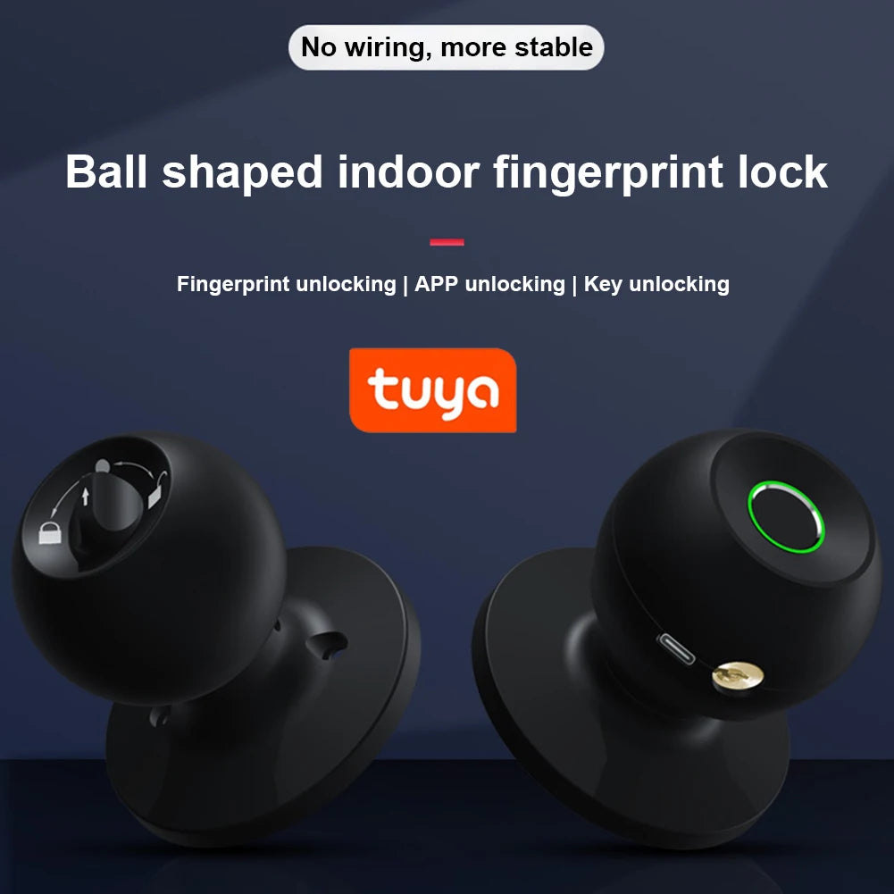 Smart Door Knob Fingerprint Door Lock Rechargeable Keyless Entry Door Lock with Keys TUYA App Control for Bedrooms Cloakroom