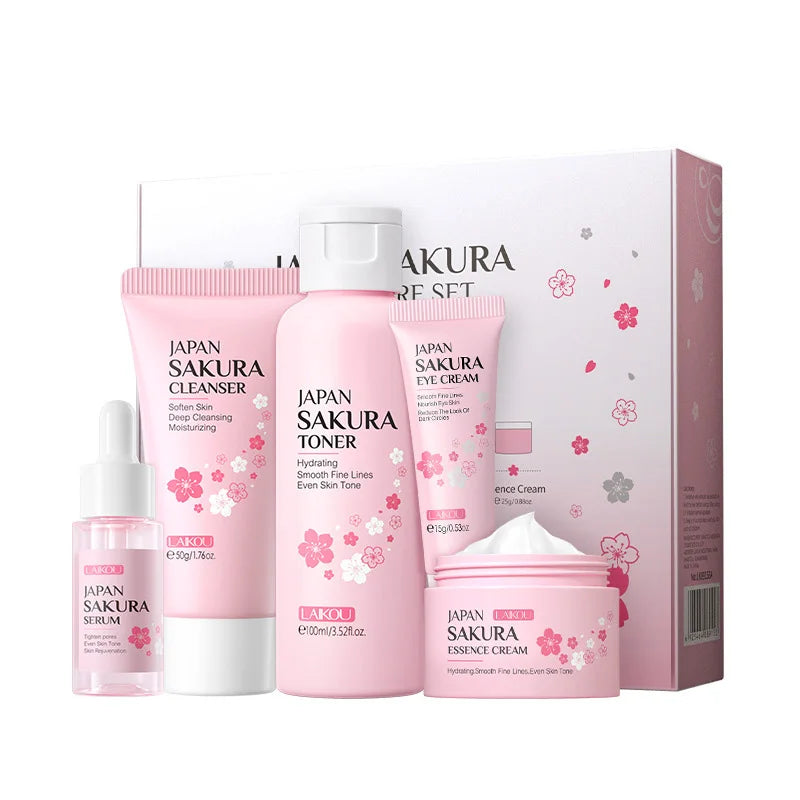 Sakura Facial Cleaner Korean Face Serum Exfoliating Peeling Gel Moisturize Toner Eye Cream Sunscreen Cosmetics Skin Care Set