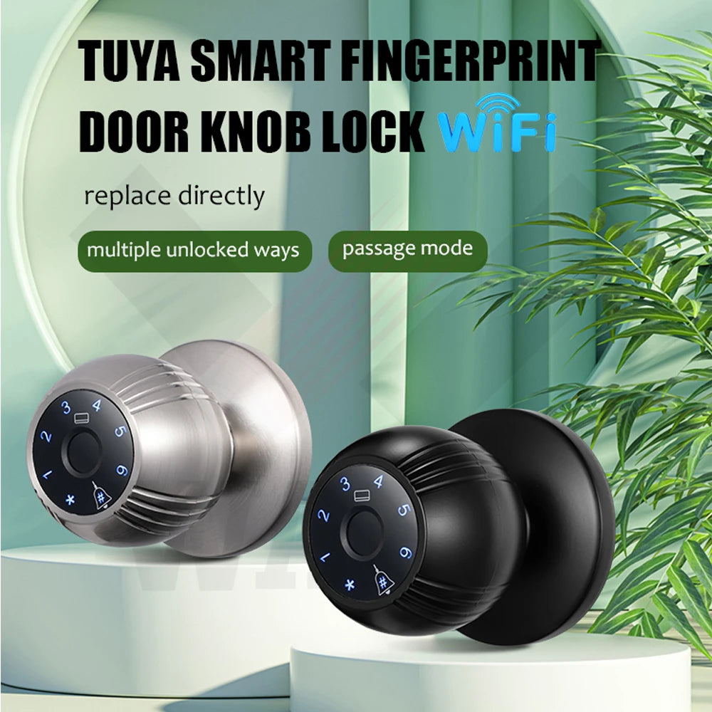 WAFU TUYA Smart Door Knob Lock Biometric Fingerprint Digital RFID Electronic Round Door Lock Keyless Entry Indoor Security Lock