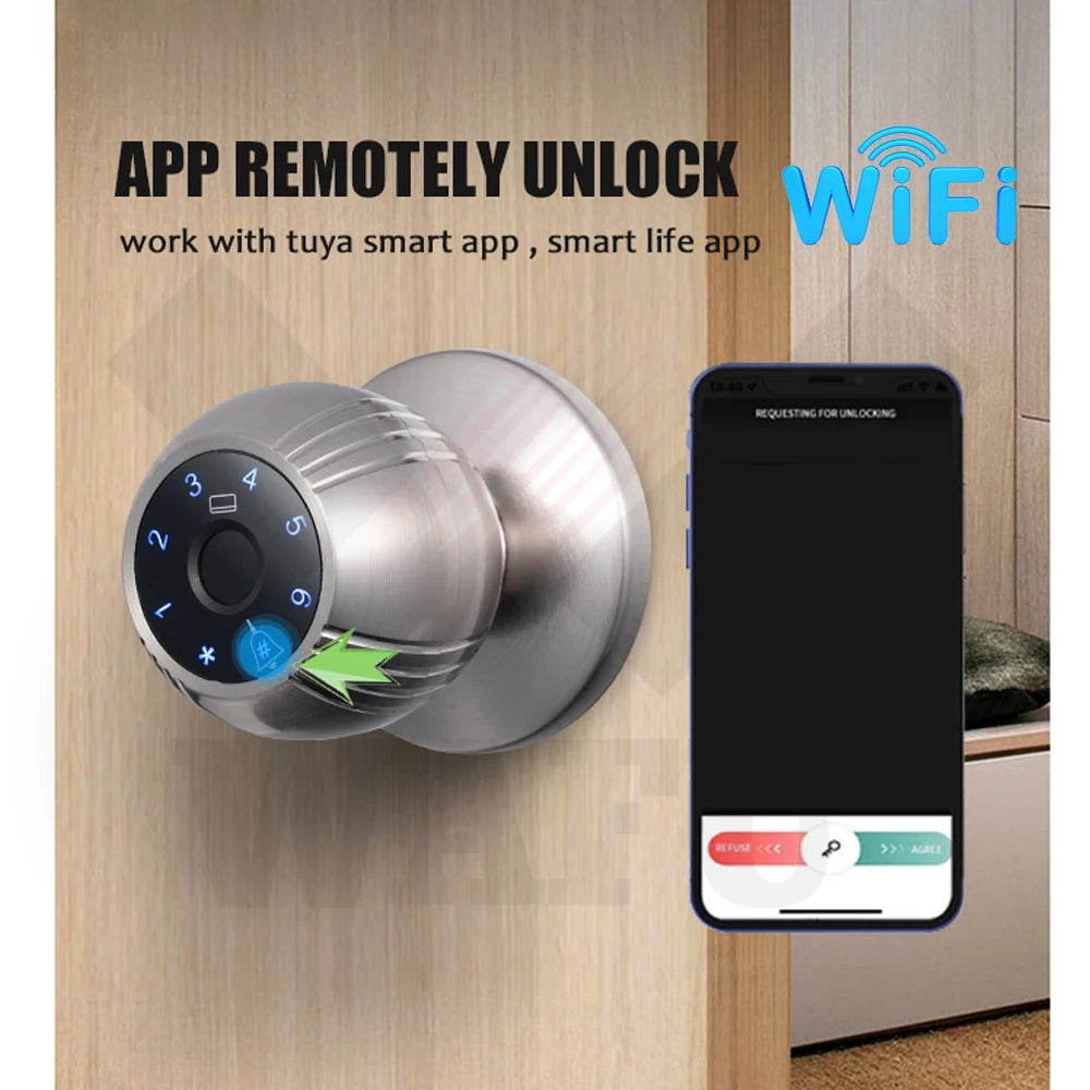 WAFU TUYA Smart Door Knob Lock Biometric Fingerprint Digital RFID Electronic Round Door Lock Keyless Entry Indoor Security Lock